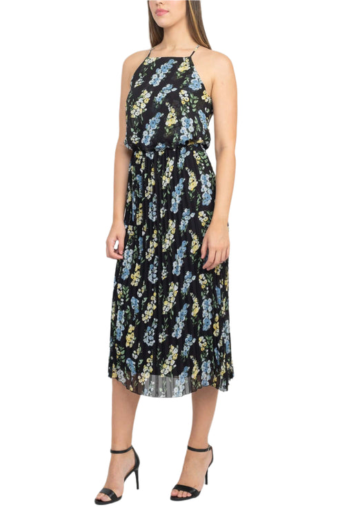Cocktail Dresses Pleated Cocktail Printed Midi Length Dress Black Multi