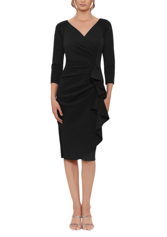 Plus Size Dresses V-Neck 3/4 Sleeve Ruffle Side Sheath Midi Dress Black