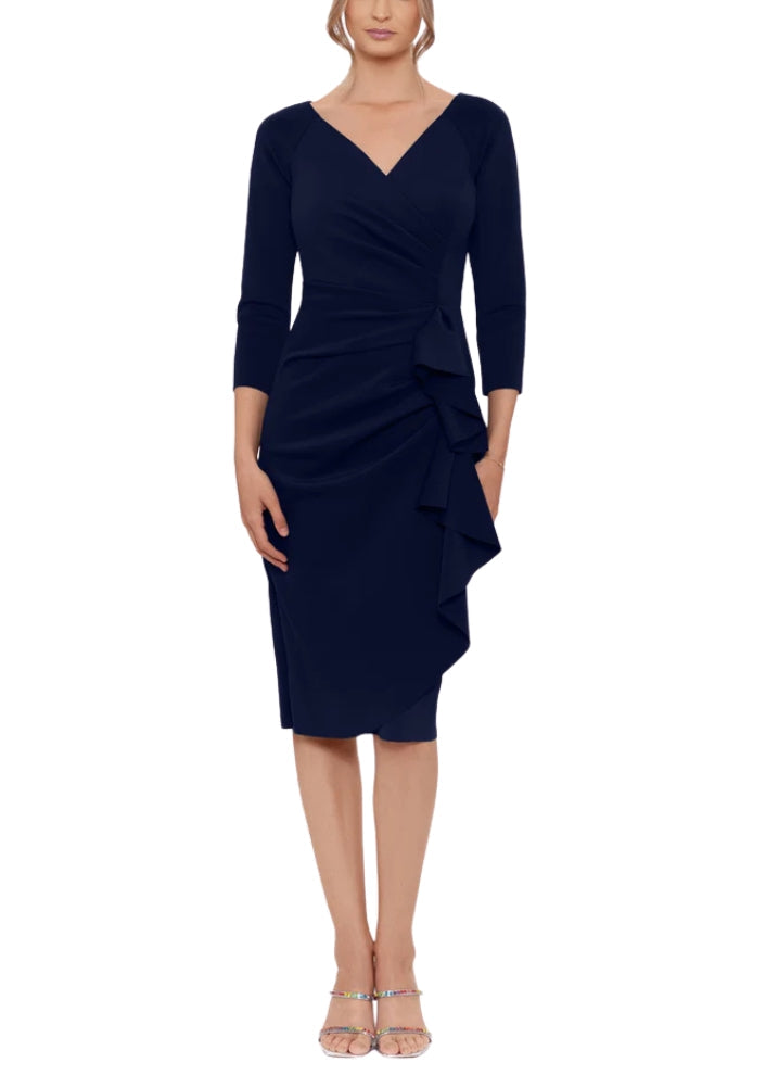 V-Neck 3/4 Sleeve Ruffle Side Sheath Midi Dress Xscape 4994X Wholesale