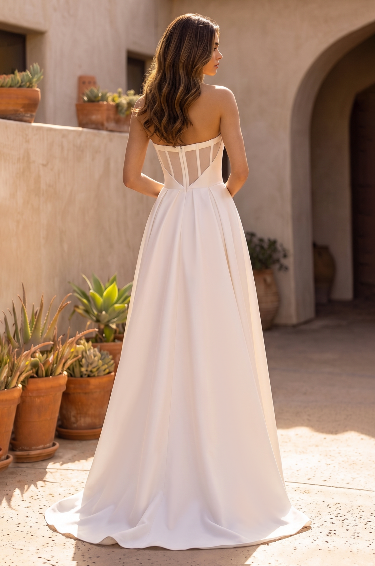 Off White Classic Long Mikado Corset Formal Ball Gown, back view