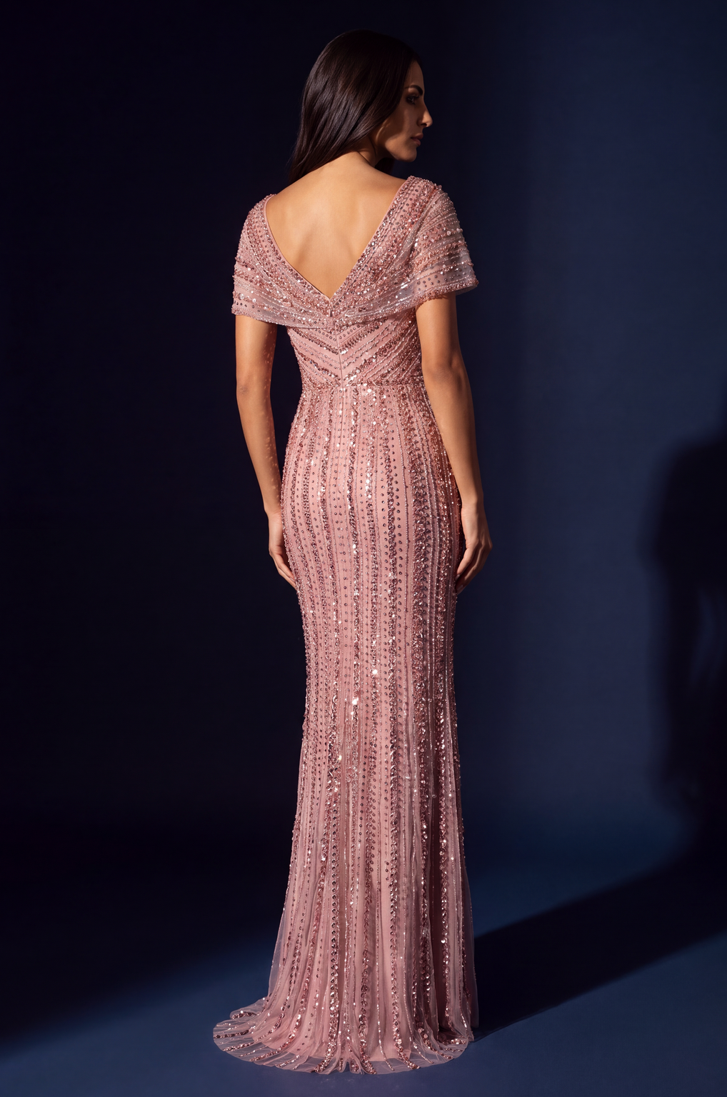 Beaded V-Neck Cap Sleeve Mermaid Gown Wholesale