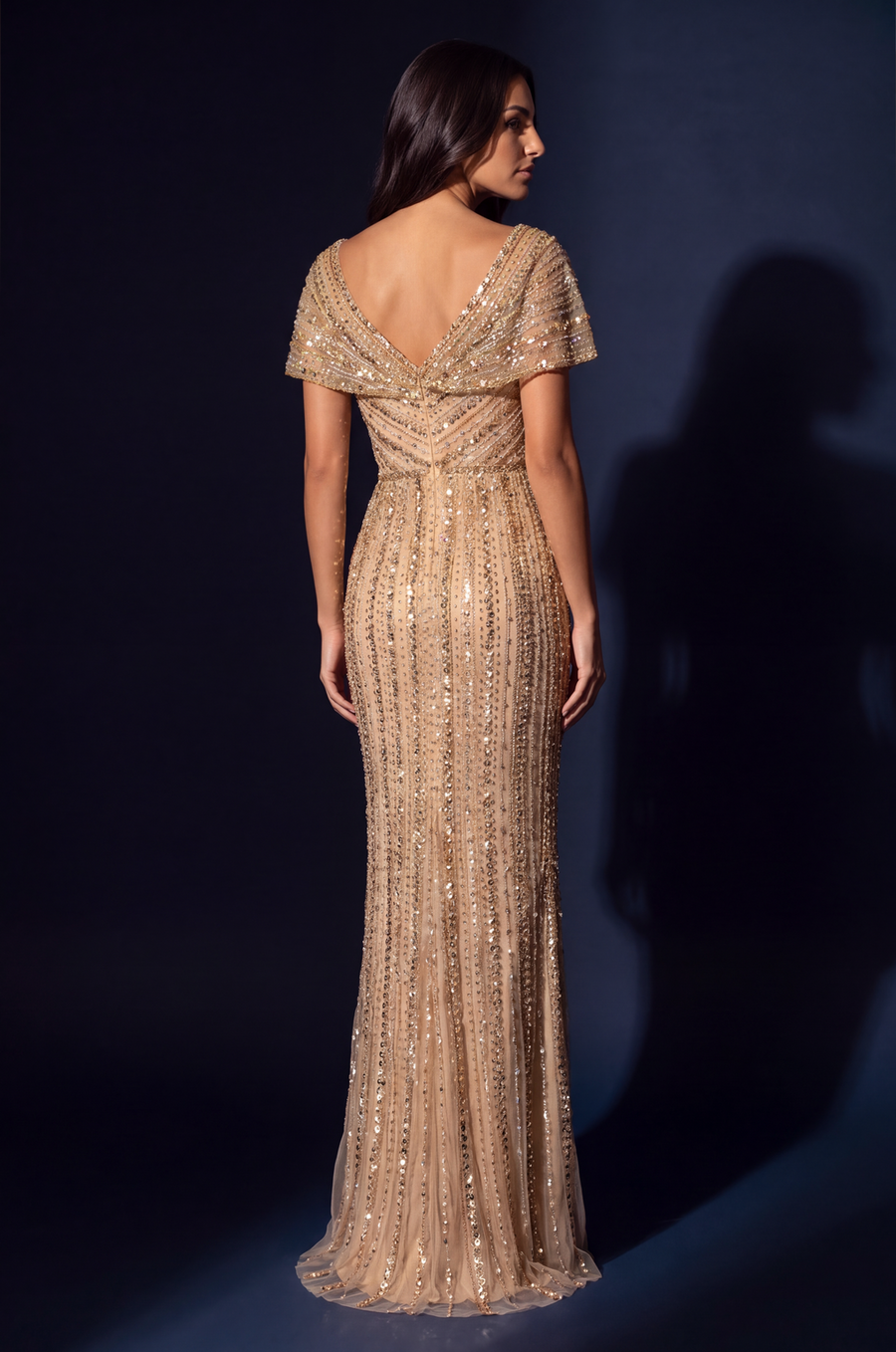 Beaded V-Neck Cap Sleeve Mermaid Gown Wholesale