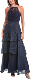 Navy Aidan Mattox MD1E209518 Halter Long Lace Tulle Prom Tiered Gown