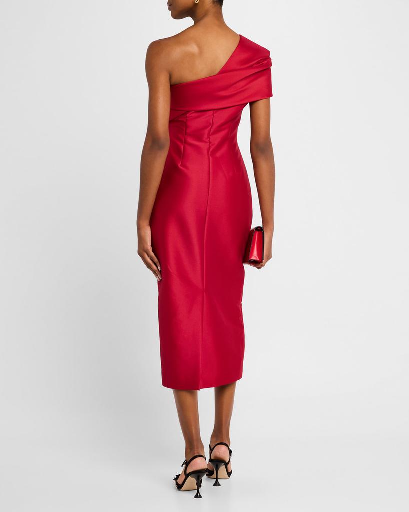 Red One-Shoulder Midi-Length Satin Formal Sheath Dress Draped Neckline Badgley Mischka SC4316