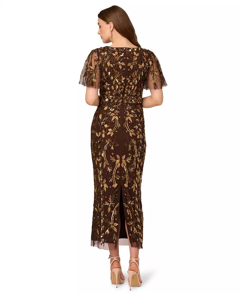 V-Neck Tea-Length Beaded Mesh Evening Gown with Flutter Sleeves Cocktail Dress Adrianna Papell AP1E211444W
