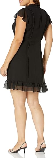 Black High Neck Mini Chiffon Cocktail A-Line Dress with Ruffle Hem and Flutter Sleeves Adrianna Papell AP1D102566