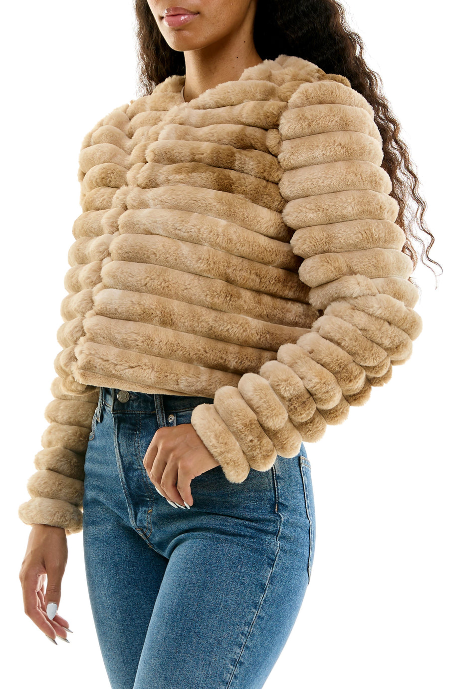 Nina Leonard faux-fur bolero in Tan Multi, side view