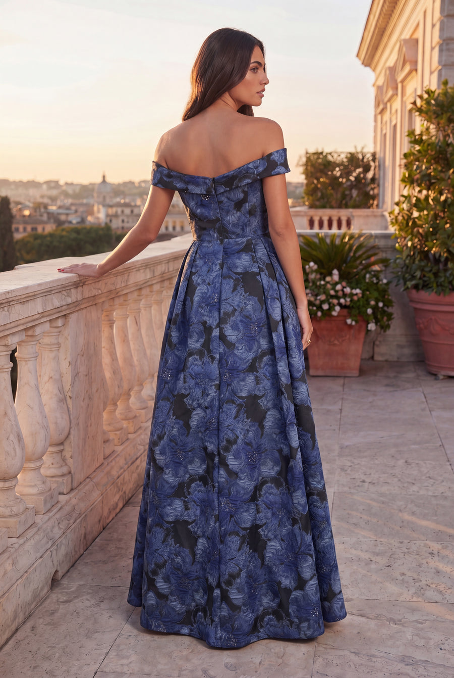 Off Shoulder Formal Floral Jacquard Evening Dress Wholesale