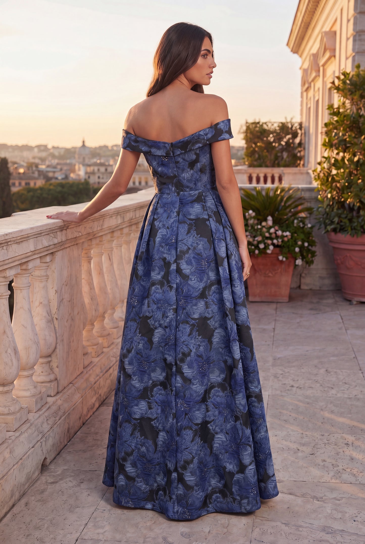 Off Shoulder Formal Floral Jacquard Evening Dress Wholesale