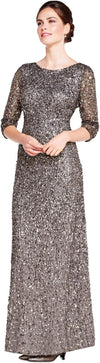 Scoop Neck Floor-Length Sequined Evening Gown with Quarter-Length Sleeves Formal Dress Adrianna Papell 91919970