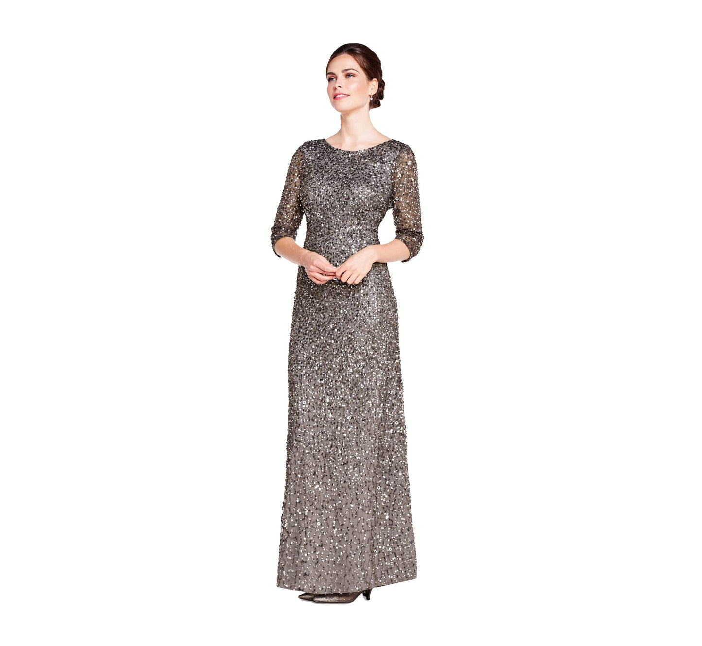 Scoop Neck Floor-Length Sequined Evening Gown with Quarter-Length Sleeves Formal Dress Adrianna Papell 91919970