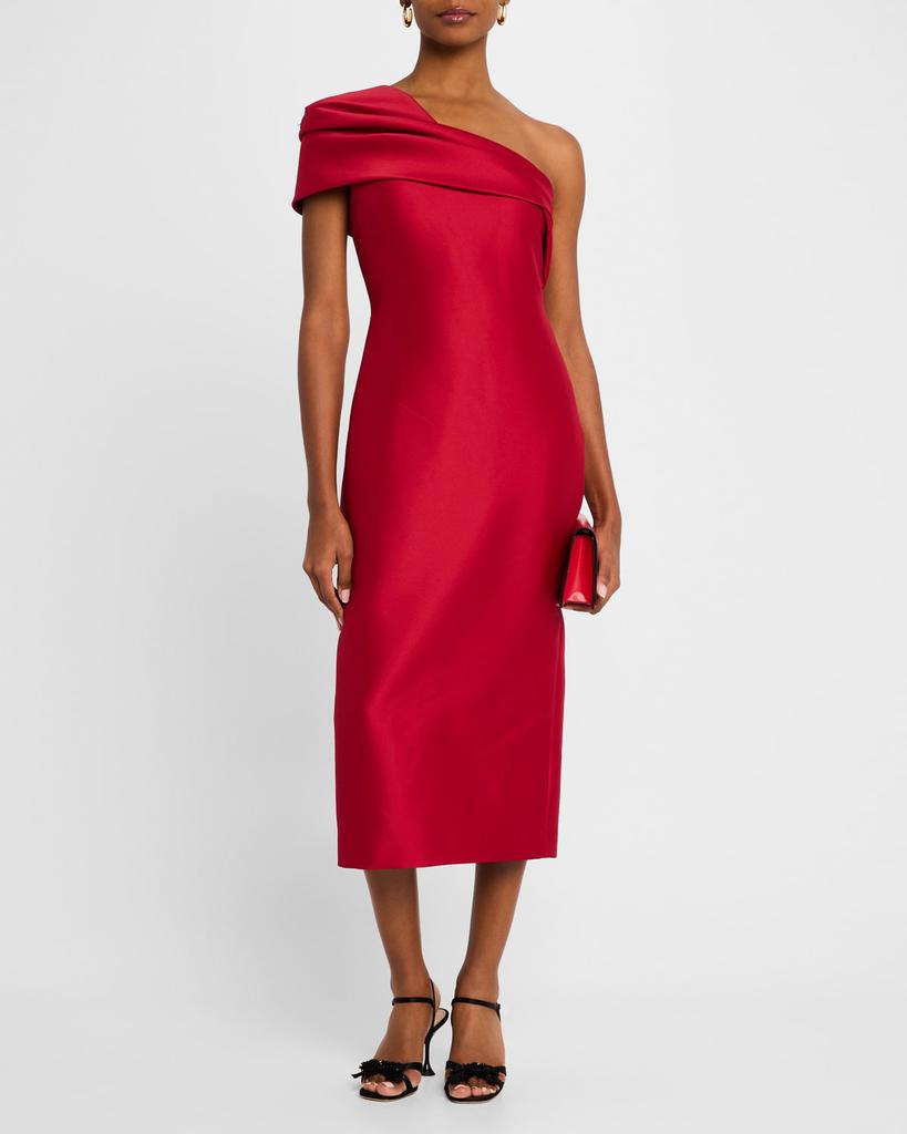 Red One-Shoulder Midi-Length Satin Formal Sheath Dress Draped Neckline Badgley Mischka SC4316