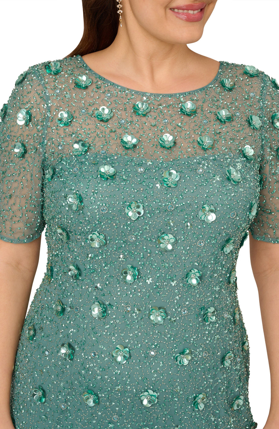 Green Slate Adrianna Papell AP1E209314 Scoop Floor-Length Mesh Formal Floral Sequin Gown