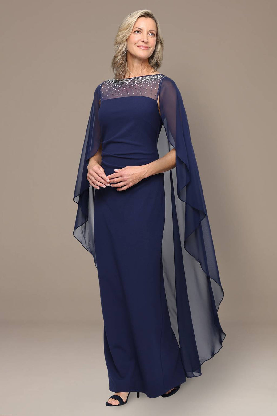 Long Stretch Crepe Column Dress with Heat Set Illusion Neckline and Dramatic Chiffon Ca Alex Evenings 8460591 Wholesale