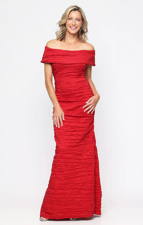 Red Off-the-Shoulder Floor-Length Pleated Taffeta Formal Evening Sheath Gown Alex Evenings 8166731