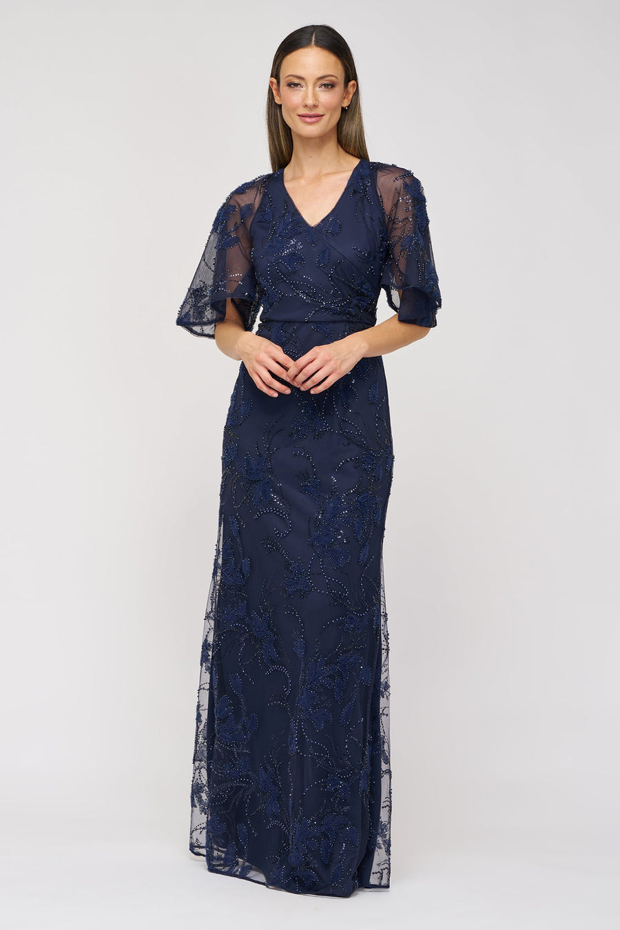 Navy Cape Sleeve Mermaid Gown JS Collections 86113580