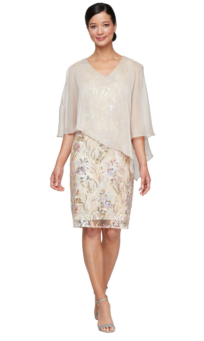 V-Neck Petite Embroidered Sheath Cape Dress SL Fashions 9220315 Wholesale