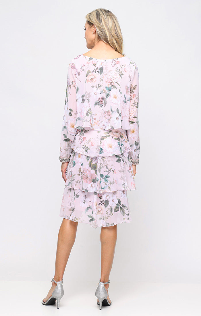 Mother of the Bride Dresses Short Long Sleeve Beaded Print Cocktail Dress SL Fashions 9172168 Blush Multi