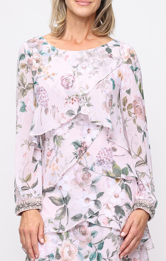 Mother of the Bride Dresses Short Long Sleeve Beaded Print Cocktail Dress SL Fashions 9172168 Blush Multi