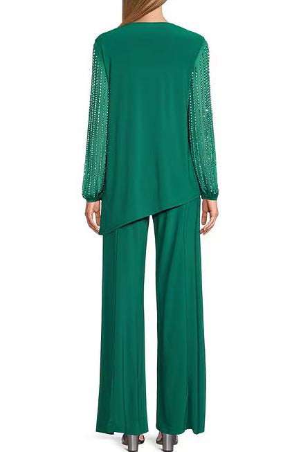 Pant Suit Plus Size  Long Sleeve Formal Beaded Pant Suit Emerald