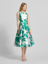 Ivory Green Adrianna Papell AP1E213256 Boat Neck Midi Satin Cocktail Floral Dress