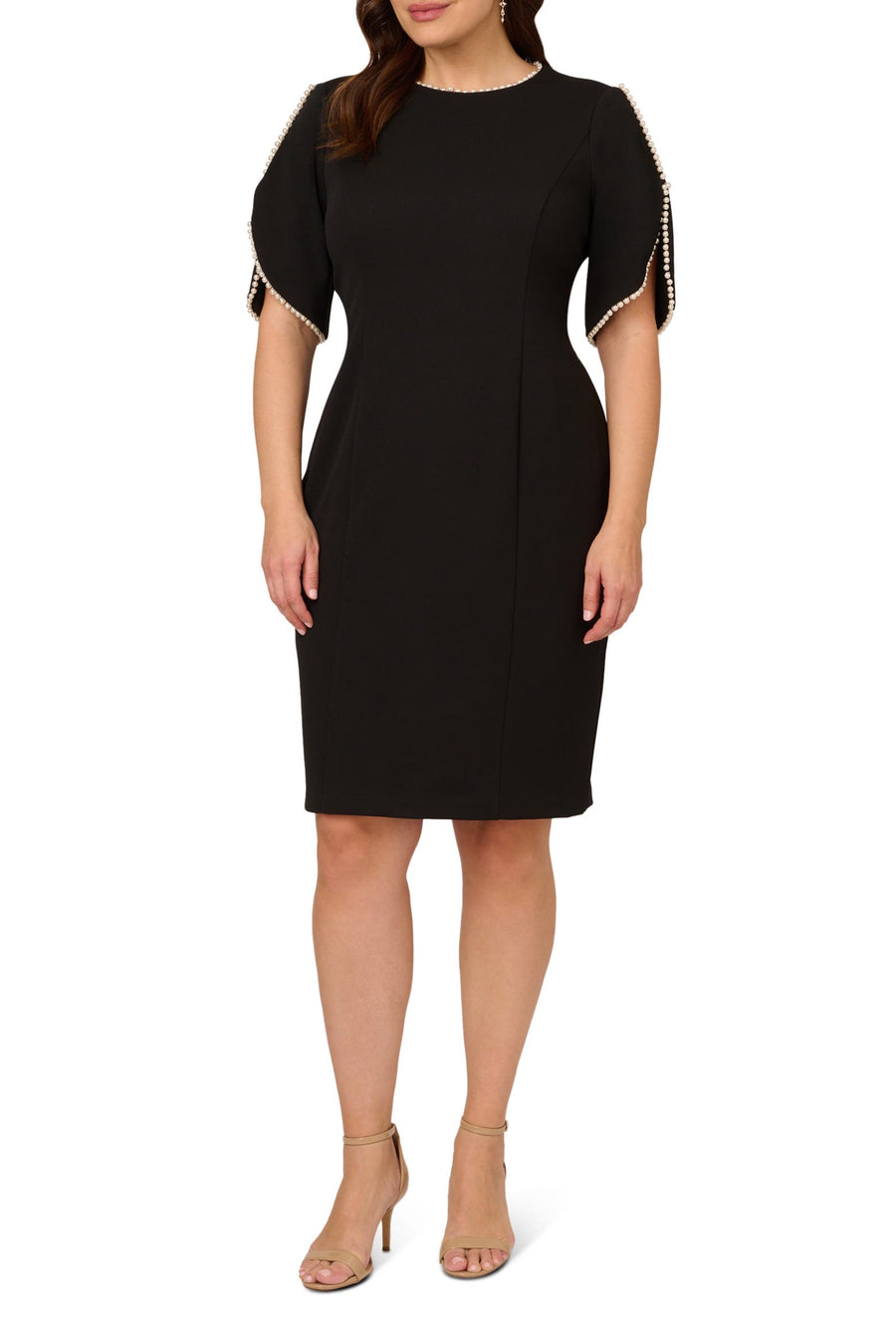 Black Adrianna Papell AP1D105271 Jewel Neck Short Cocktail Dress Flutter Sleeve