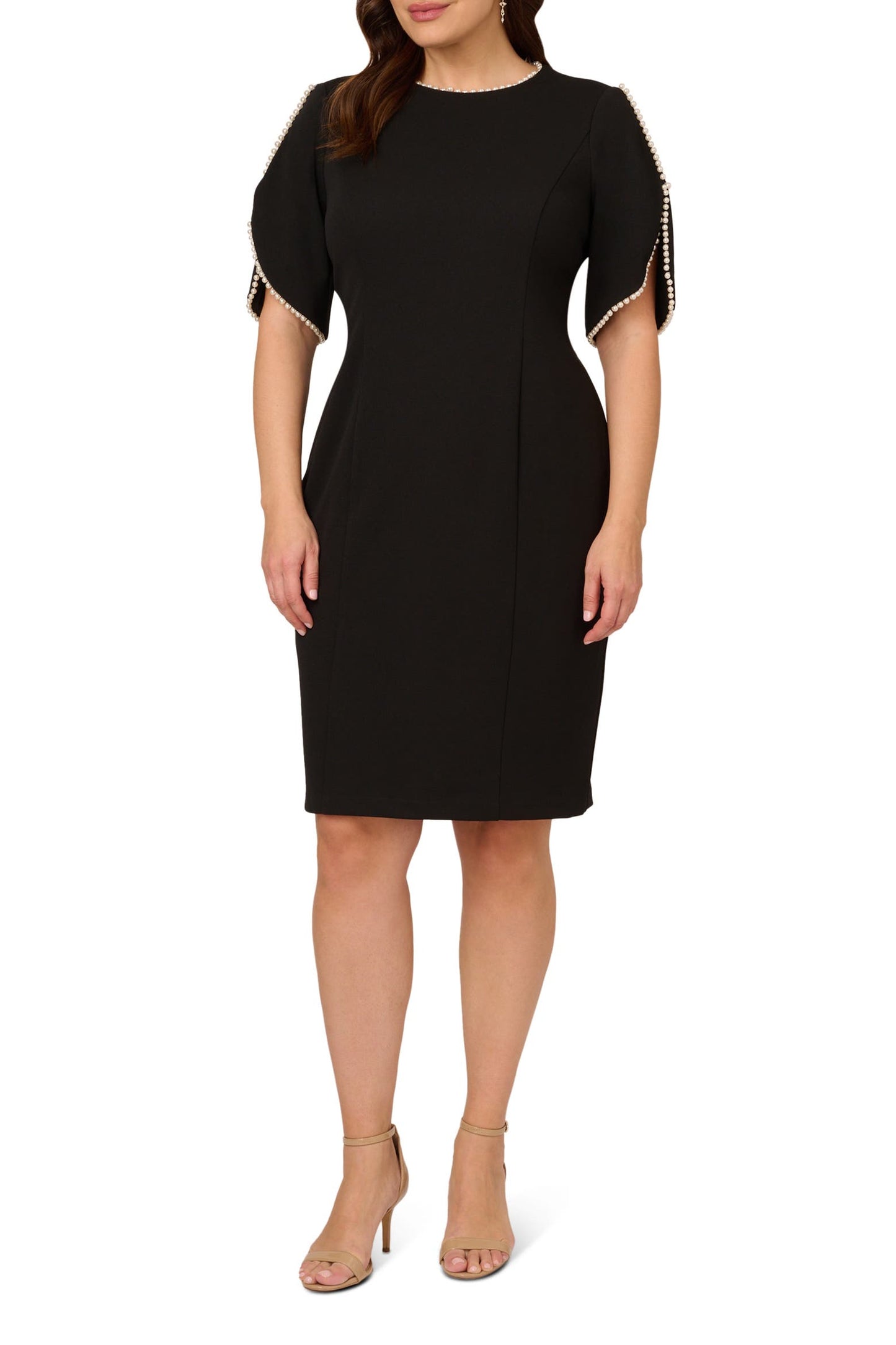Black Adrianna Papell AP1D105271 Jewel Neck Short Cocktail Dress Flutter Sleeve
