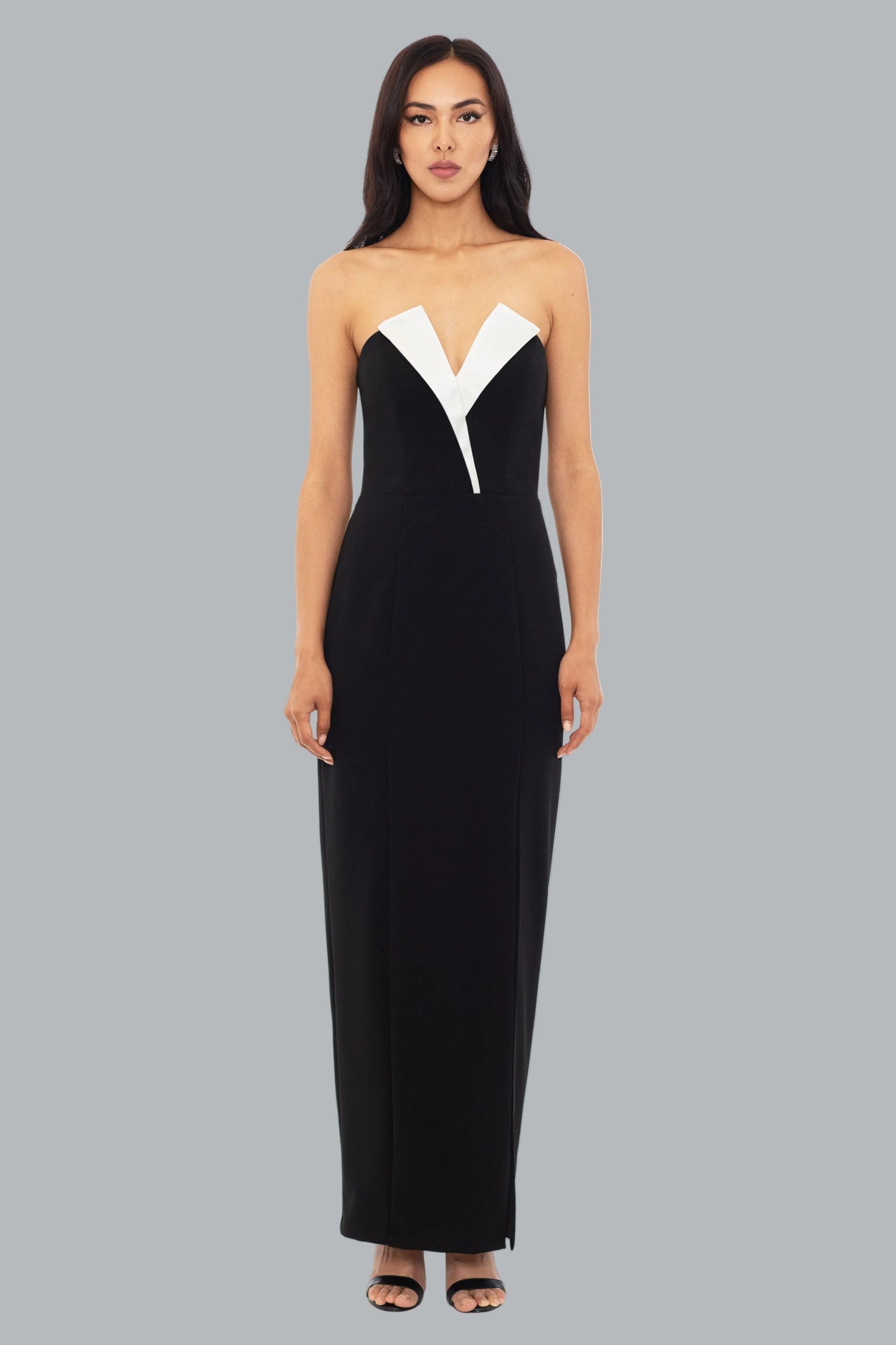 V-Neck Floor-Length Crepe Formal Sheath Column Betsy and Adam A24228