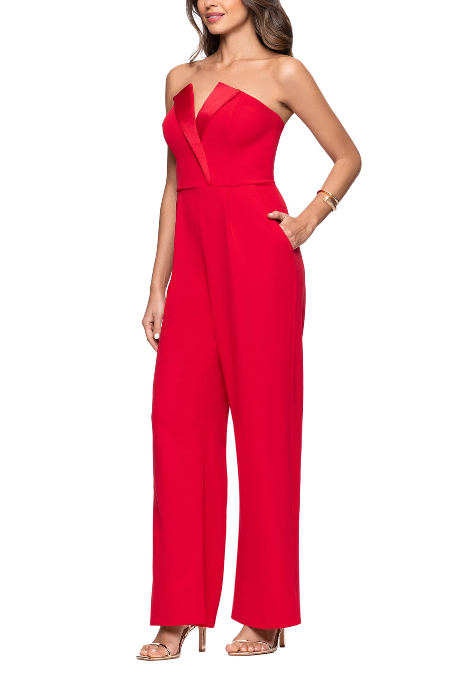 Red Strapless Strapless Floor Length Tuxedo Jumpsuit Back Zipper and Side Pockets Betsy & Adam A26530
