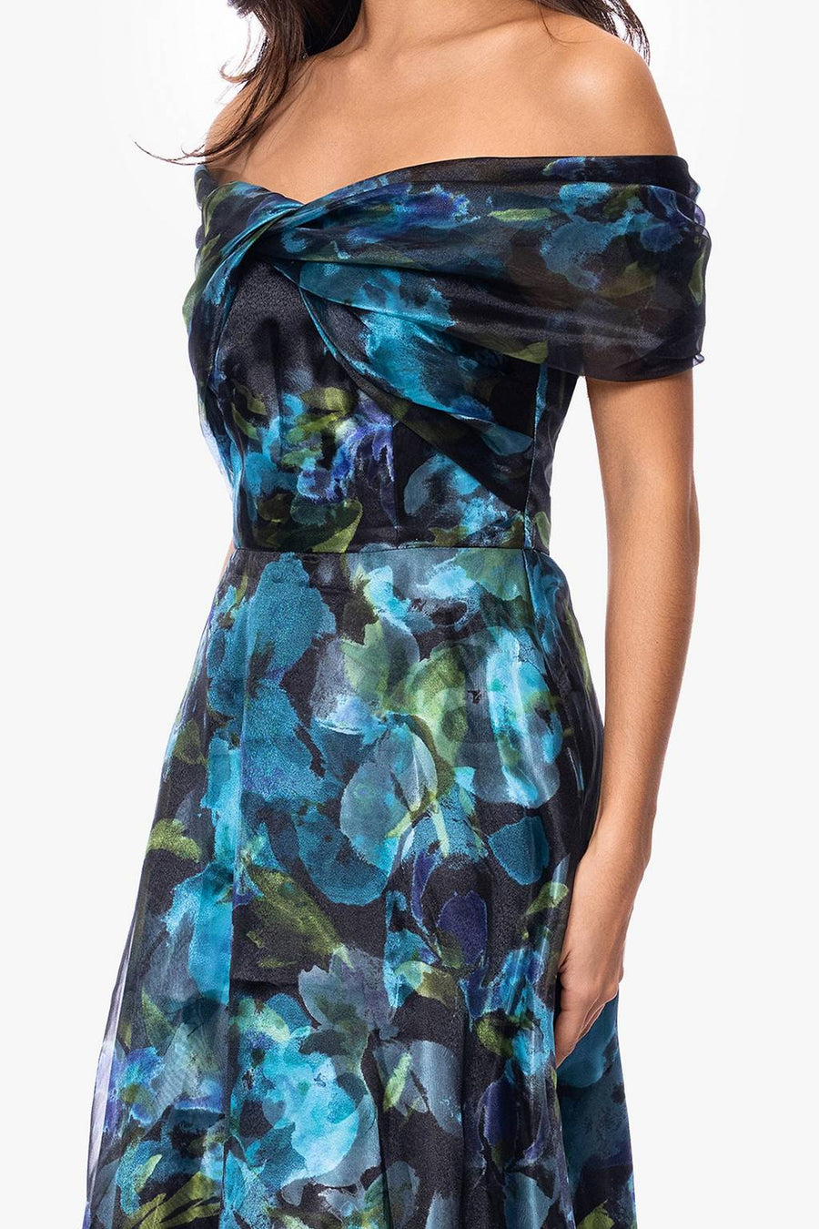 Black/Teal Betsy & Adam A27973 Off-the-Shoulder Floor-Length Organza Formal A-Line