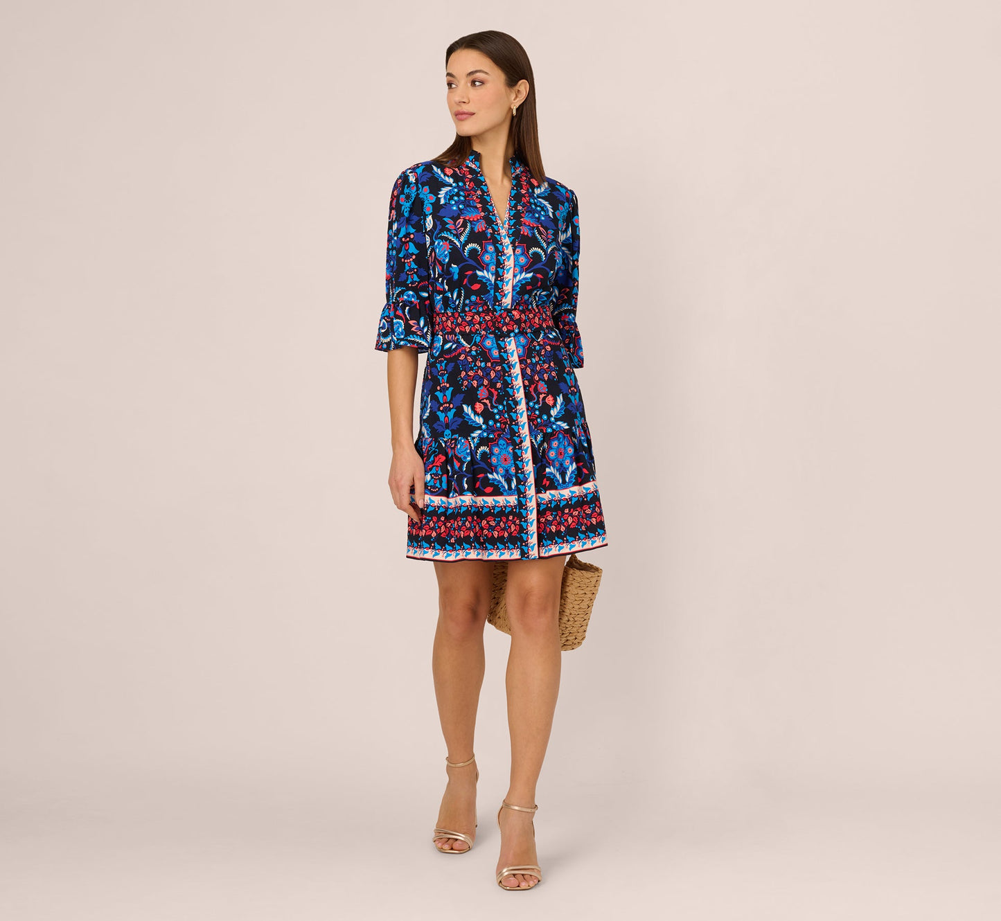 Abstract Print Button Down Dress With Three Quarter Bell Sleeves