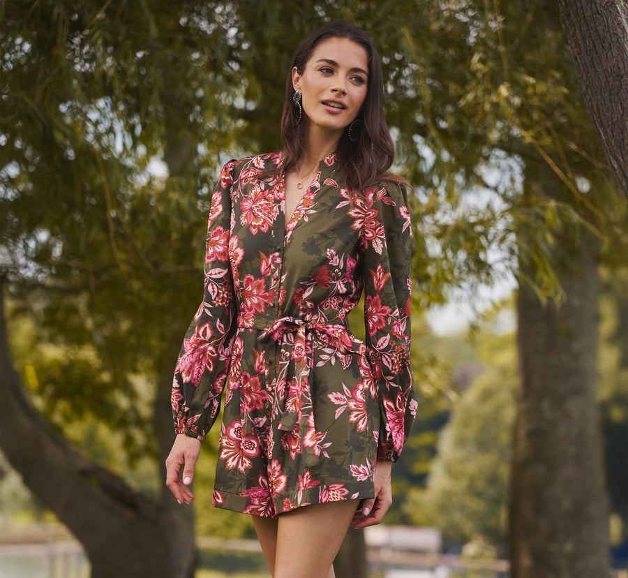 Bishop Sleeve Button Front Floral Romper