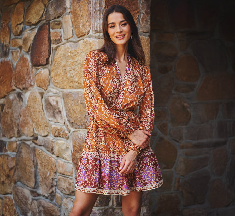 Bishop Sleeve Metallic Paisley A Line Dress
