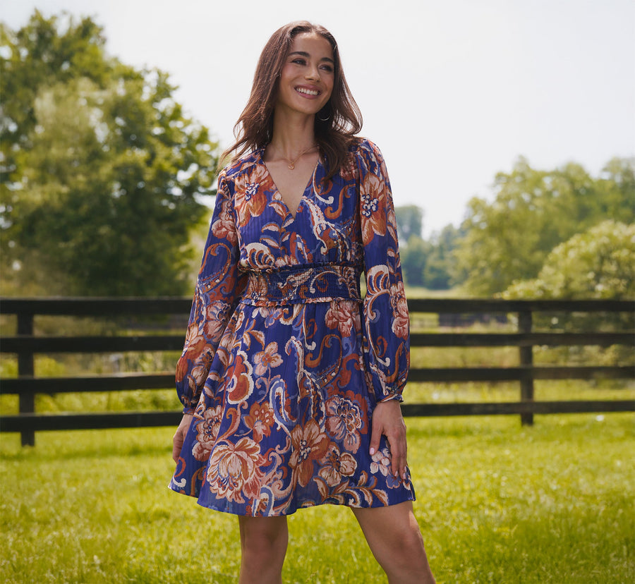 Long Sleeve Paisley Stripe Short Dress