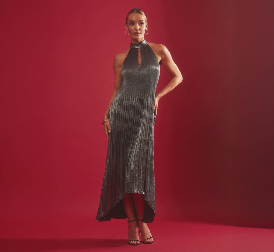 Pleated Metallic High Low Maxi Halter Dress