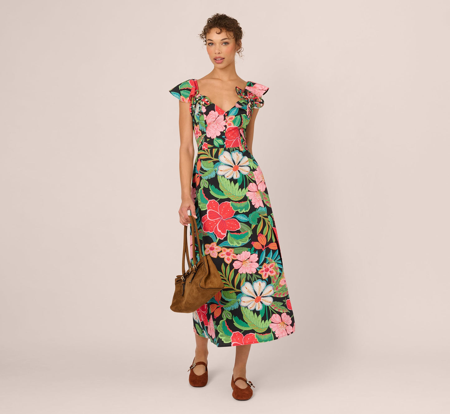 3D Tropical Floral Cotton A Line Midi Dress