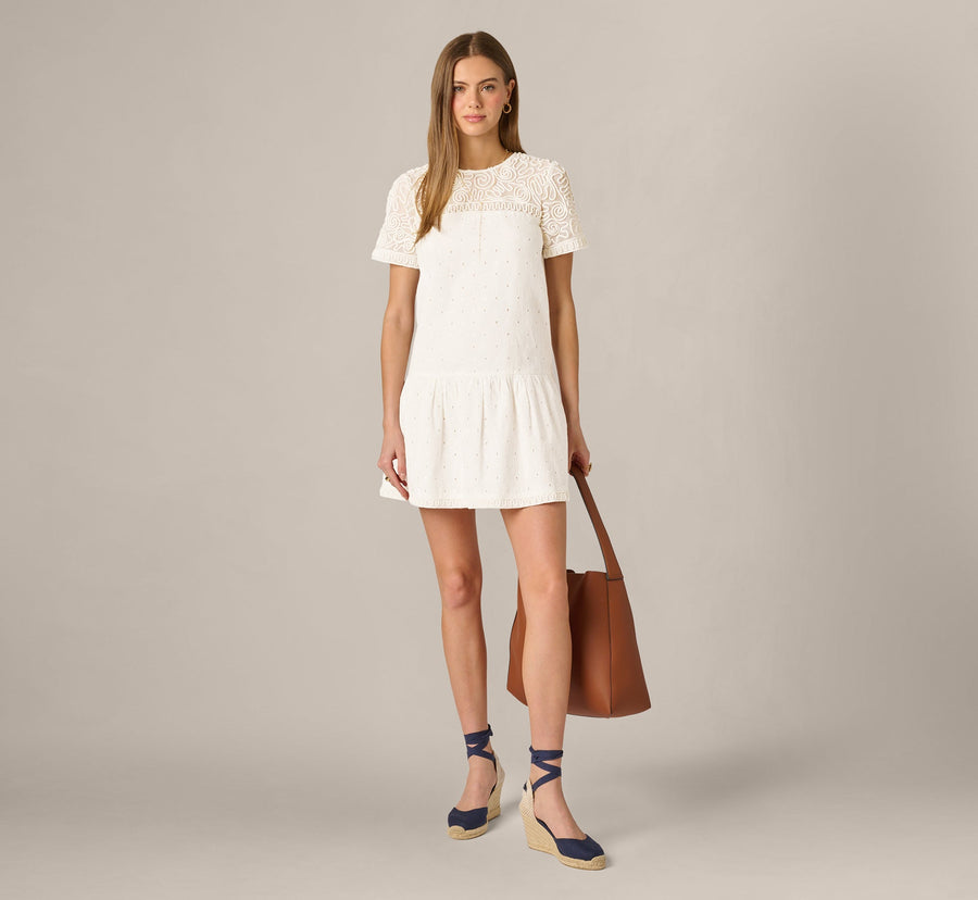Short Sleeve Drop Waist Cotton Eyelet Shift Dress