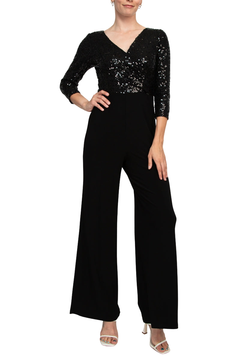 Black V-Neck Full-Length Sequin Evening Jumpsuit with Three-Quarter Sleeves Adrianna Papell AD5E210877