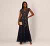 Floral Beaded Godet Gown With Sheer Neck And Short Sleeves