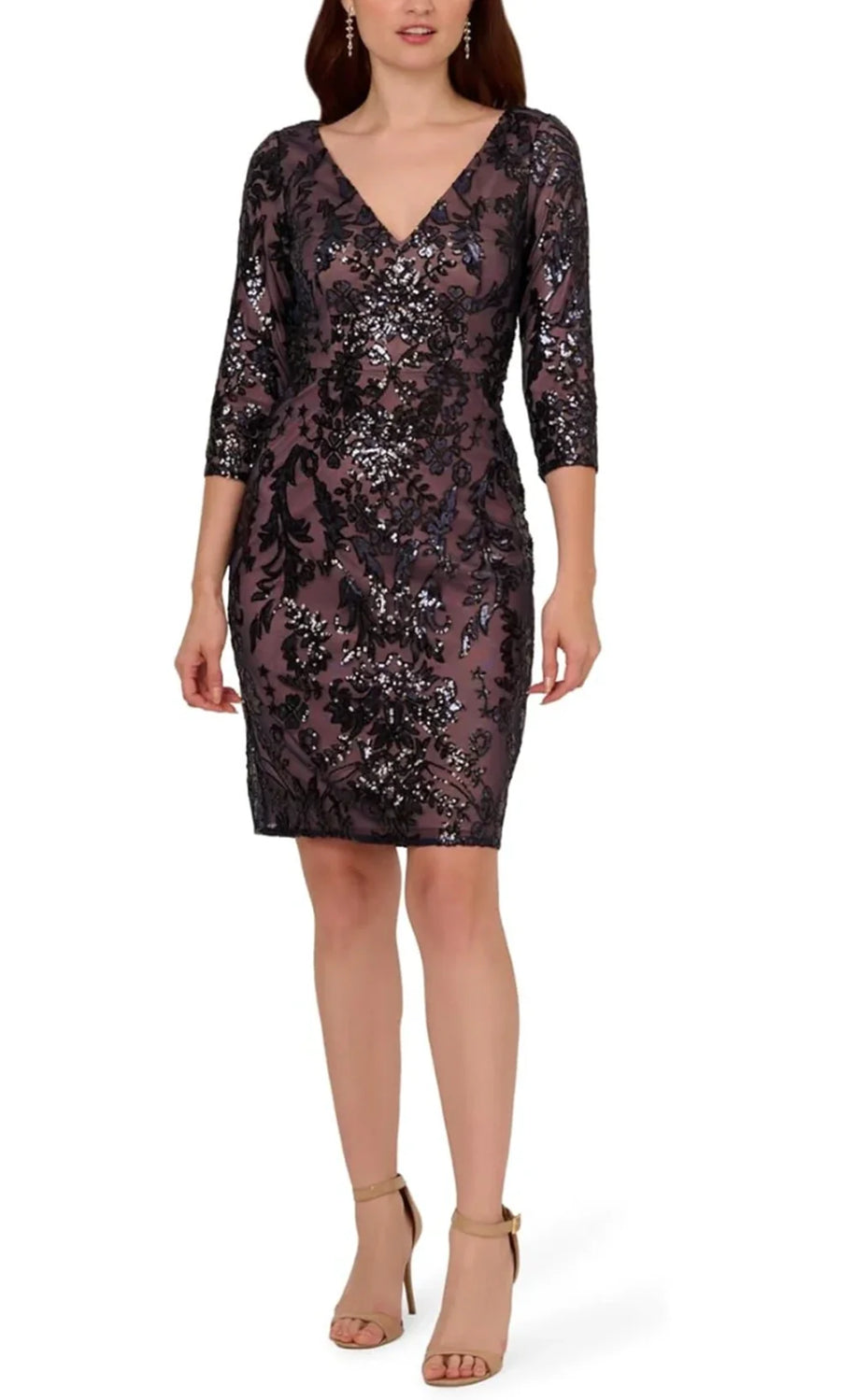 Papell Studio Beaded V Neck Short Dress