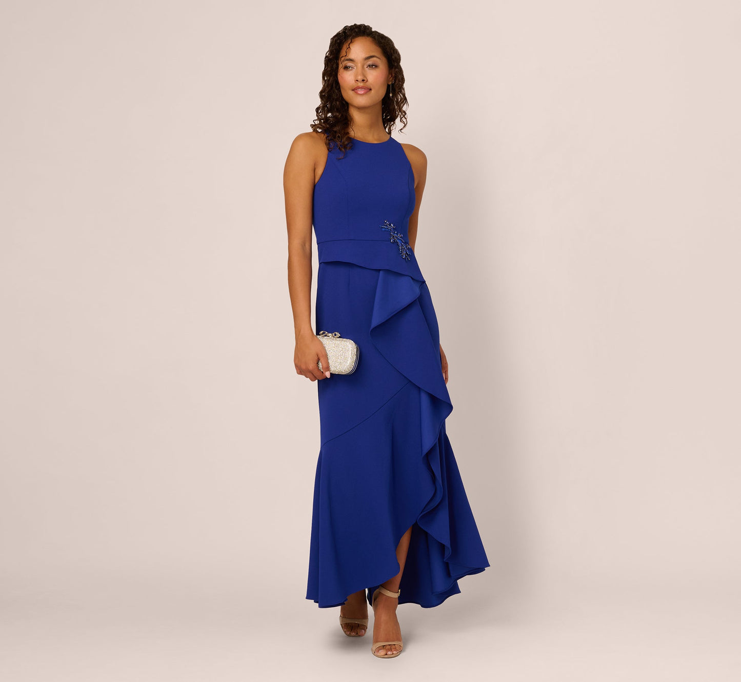 Bead Accent Crepe Halter Gown