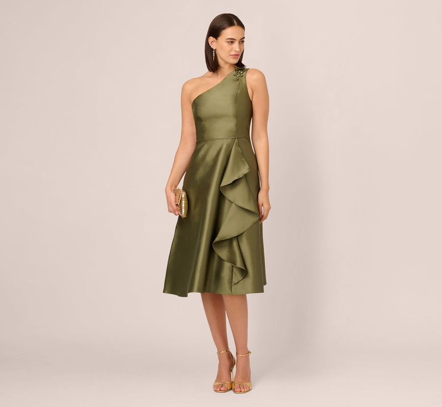 One Shoulder Beaded Detail Mikado Midi Dress