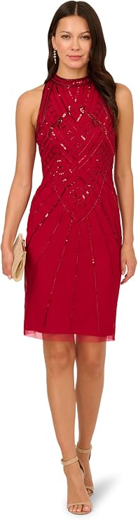Adrianna Papell Beaded Mock Neck Halter Sheath Dress AD5E212576 Wholesale