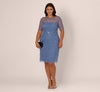Plus Size Short Sleeve Illusion Floral Beaded Sheath Dress