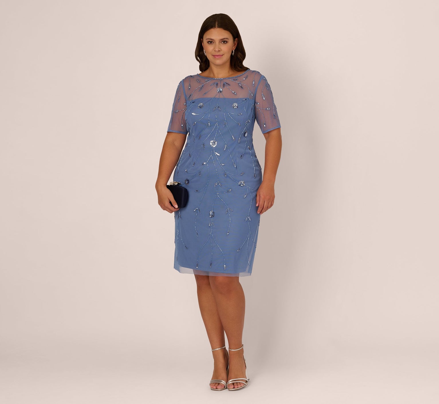 Plus Size Short Sleeve Illusion Floral Beaded Sheath Dress