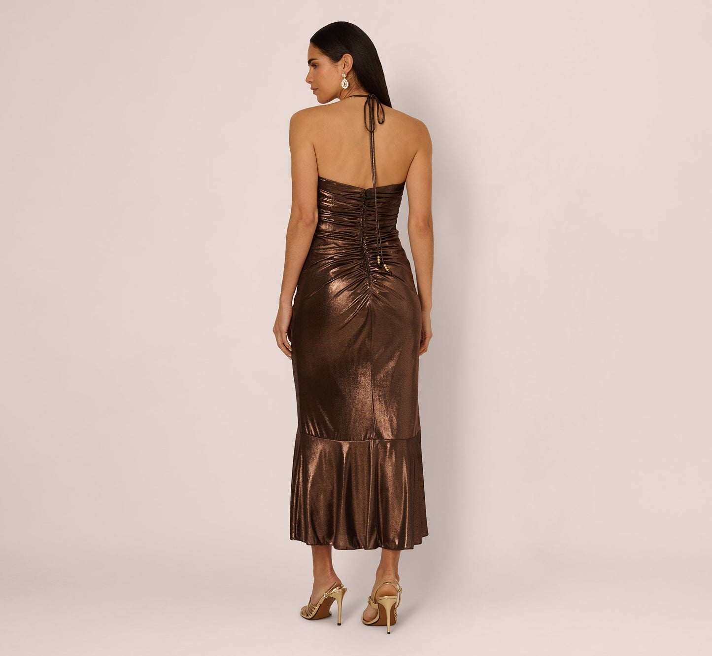 Cinnamon Adrianna Papell ADAE212195 Halter Midi Metallic Cocktail Ruffle Dress