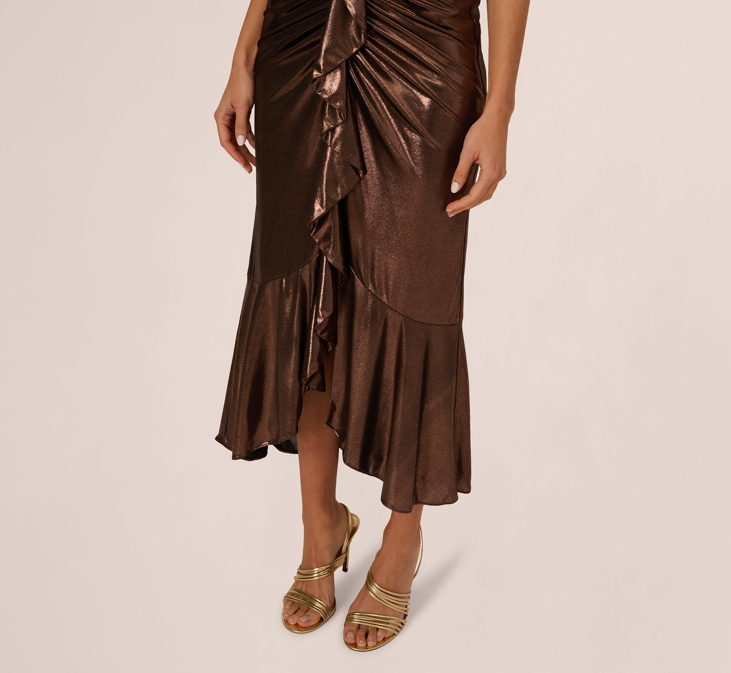 Cinnamon Adrianna Papell ADAE212195 Halter Midi Metallic Cocktail Ruffle Dress