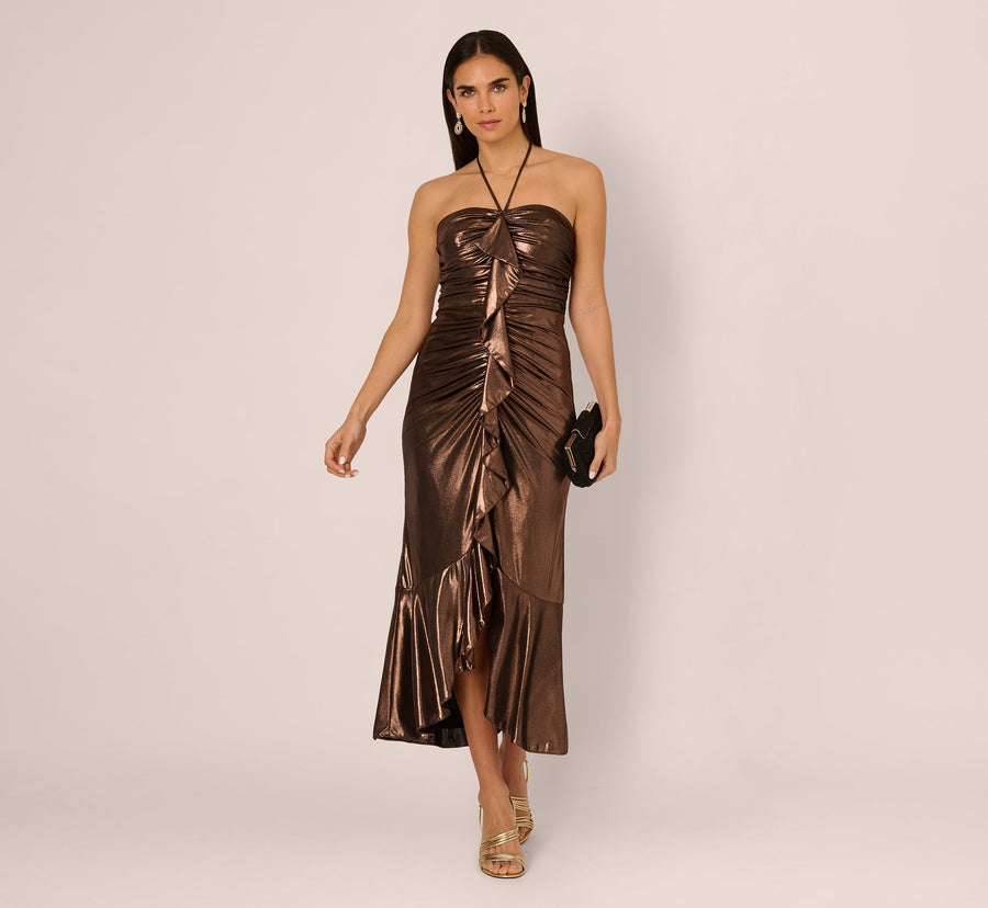 Cinnamon Adrianna Papell ADAE212195 Halter Midi Metallic Cocktail Ruffle Dress