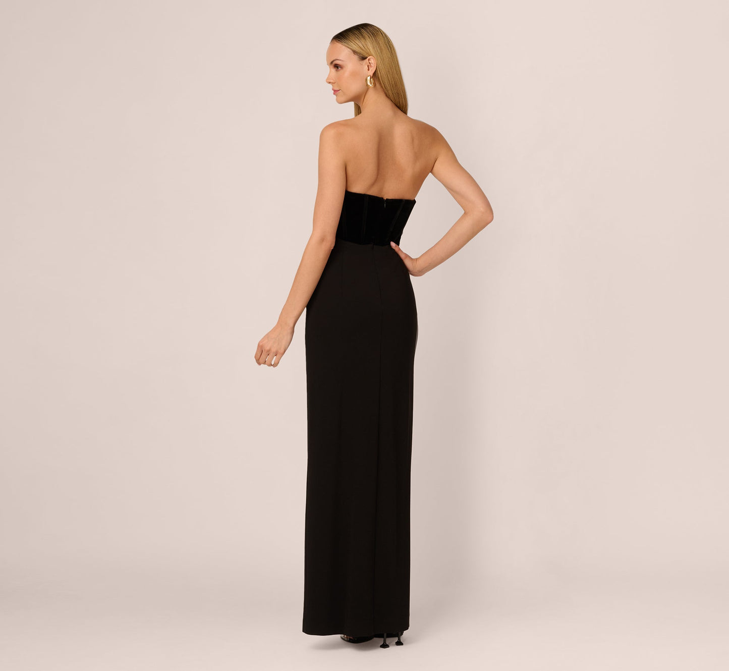 Black Adrianna Papell ADAE212425 Strapless Velvet Corset Floor-Length Prom Slit Gown