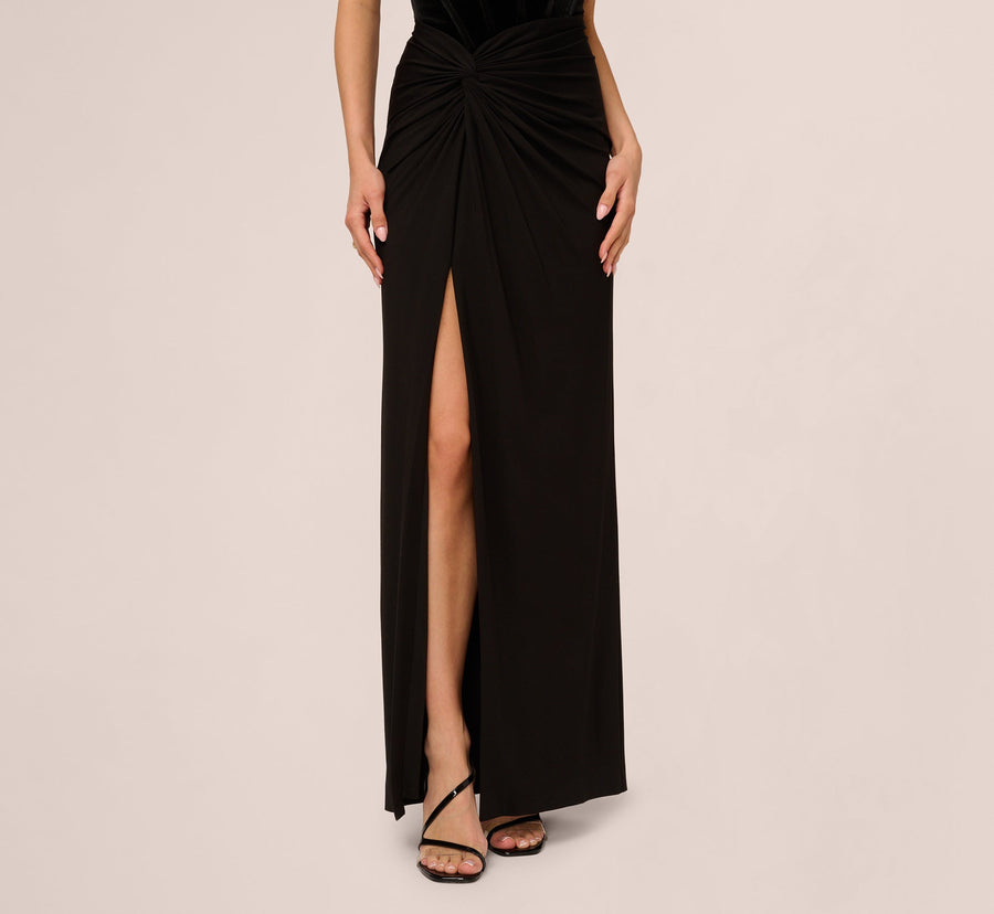 Black Adrianna Papell ADAE212425 Strapless Velvet Corset Floor-Length Prom Slit Gown